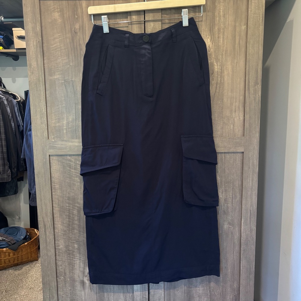 COS Navy Blue Cargo Midi Skirt High Waisted Utility Pockets Size 4
